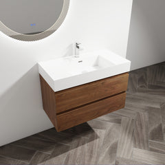 36" Wall-Mounted Bathroom Vanity With Resin Sink, 2-Soft Close Drawers, KD-Package
