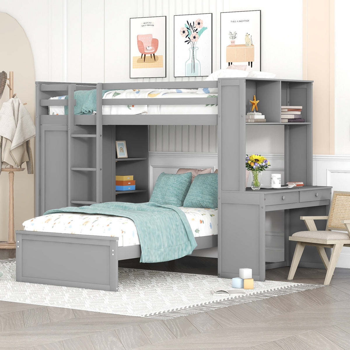 Twin size Loft Bed with a Stand-alone bed, Shelves,Desk,and Wardrobe-Gray