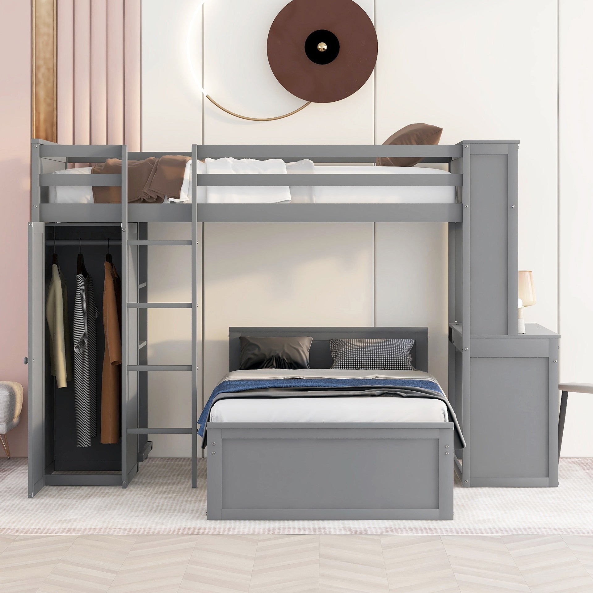 Twin size Loft Bed with a Stand-alone bed, Shelves,Desk,and Wardrobe-Gray