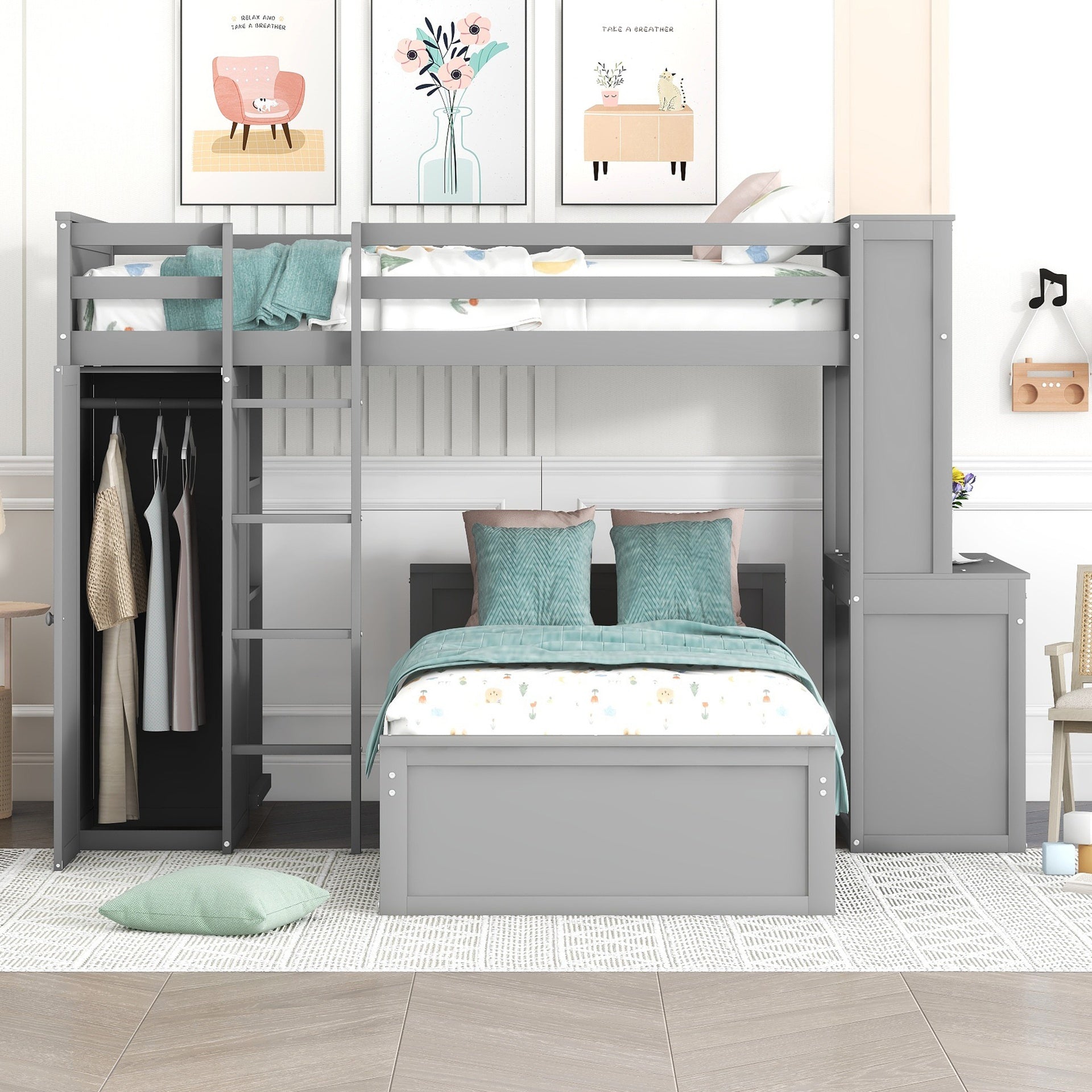 Twin size Loft Bed with a Stand-alone bed, Shelves,Desk,and Wardrobe-Gray