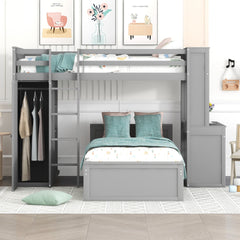 Twin size Loft Bed with a Stand-alone bed, Shelves,Desk,and Wardrobe-Gray