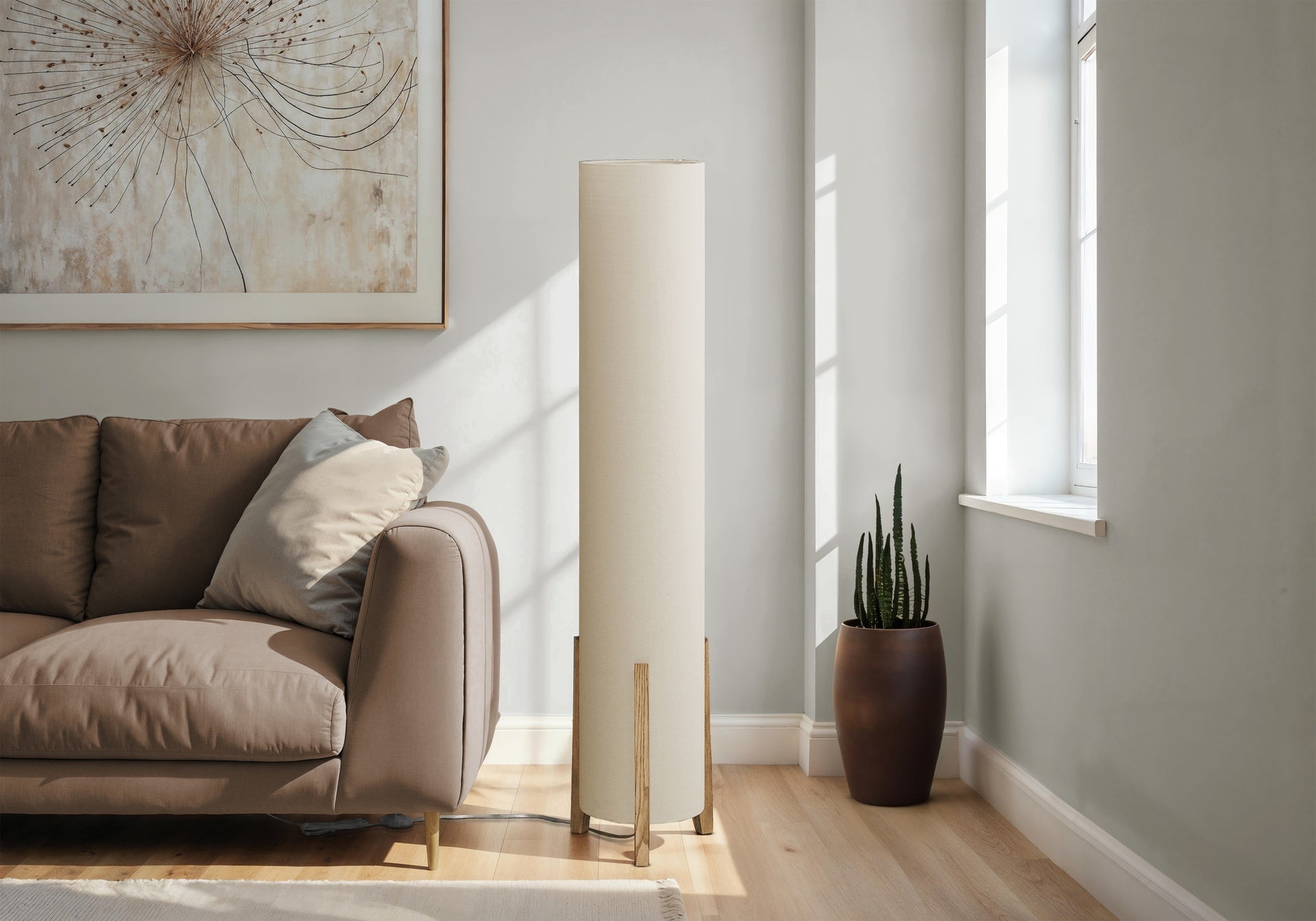Lighting, 50"h, Floor Lamp, Brown Wood Look, Ivory / Cream Shade, Contemporary