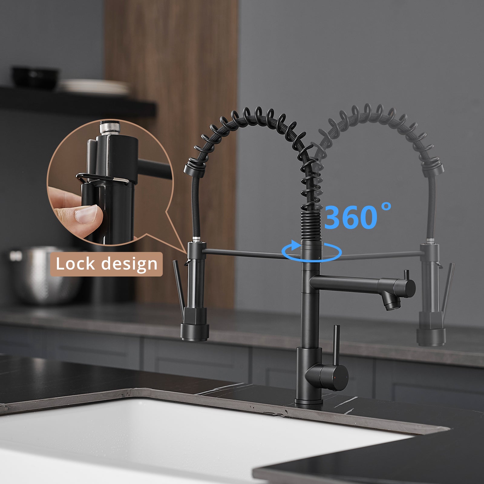 Kitchen Sink Faucet with Soap Dispenser, Kitchen Faucet with Pull Down Sprayer 2 Modes 304 Stainless Steel Single Handle Single Hole Pull down Black Faucet