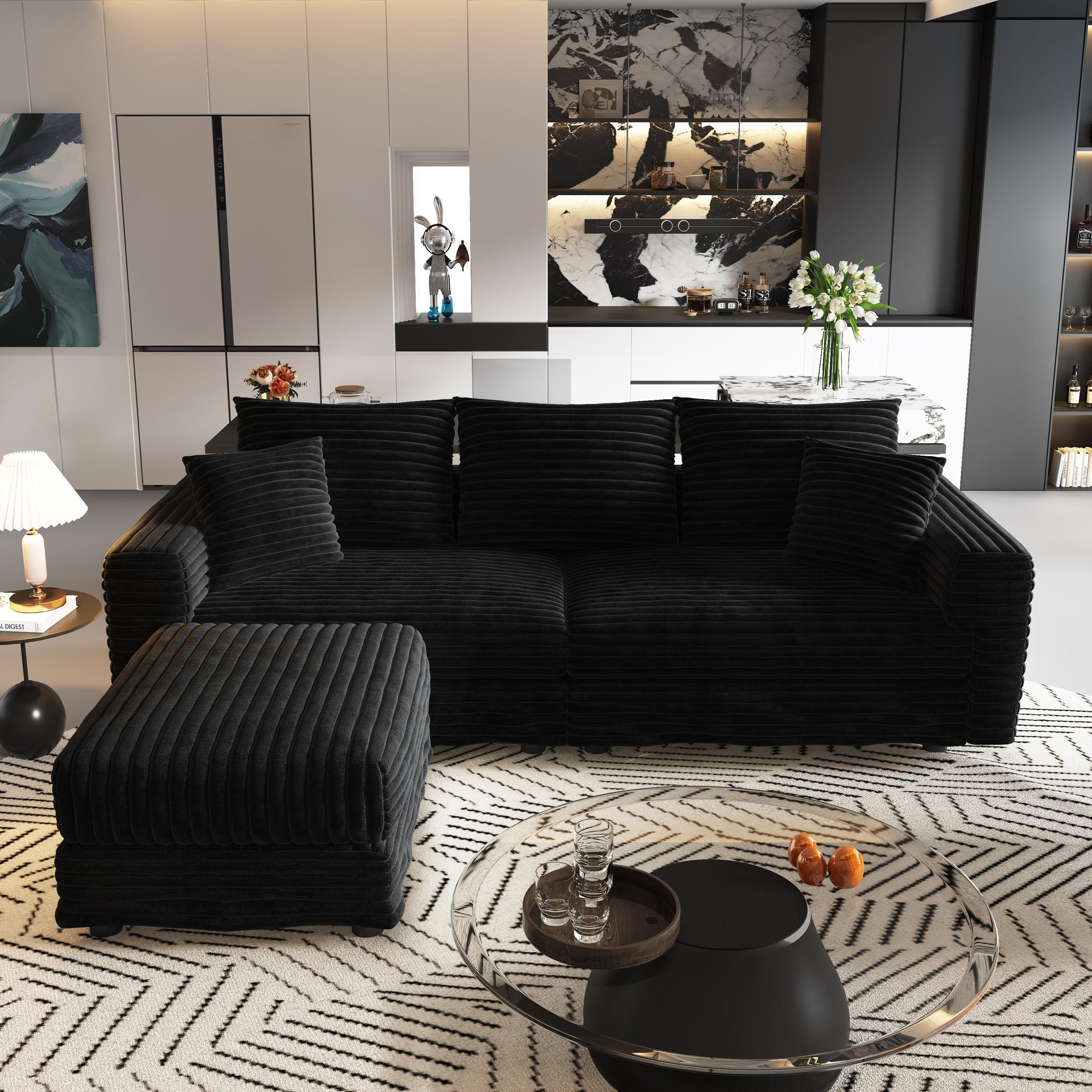 82.7 "Plush Corduroy 3-Seat Sofa,Modern Comfy Upholstered Sofa Cloud Couch,Deep Seat Couches with Soft Pillows and 1 Ottomans,Convertible Sofa Lounge Chair,Black (Old SKU:W1885S00150)