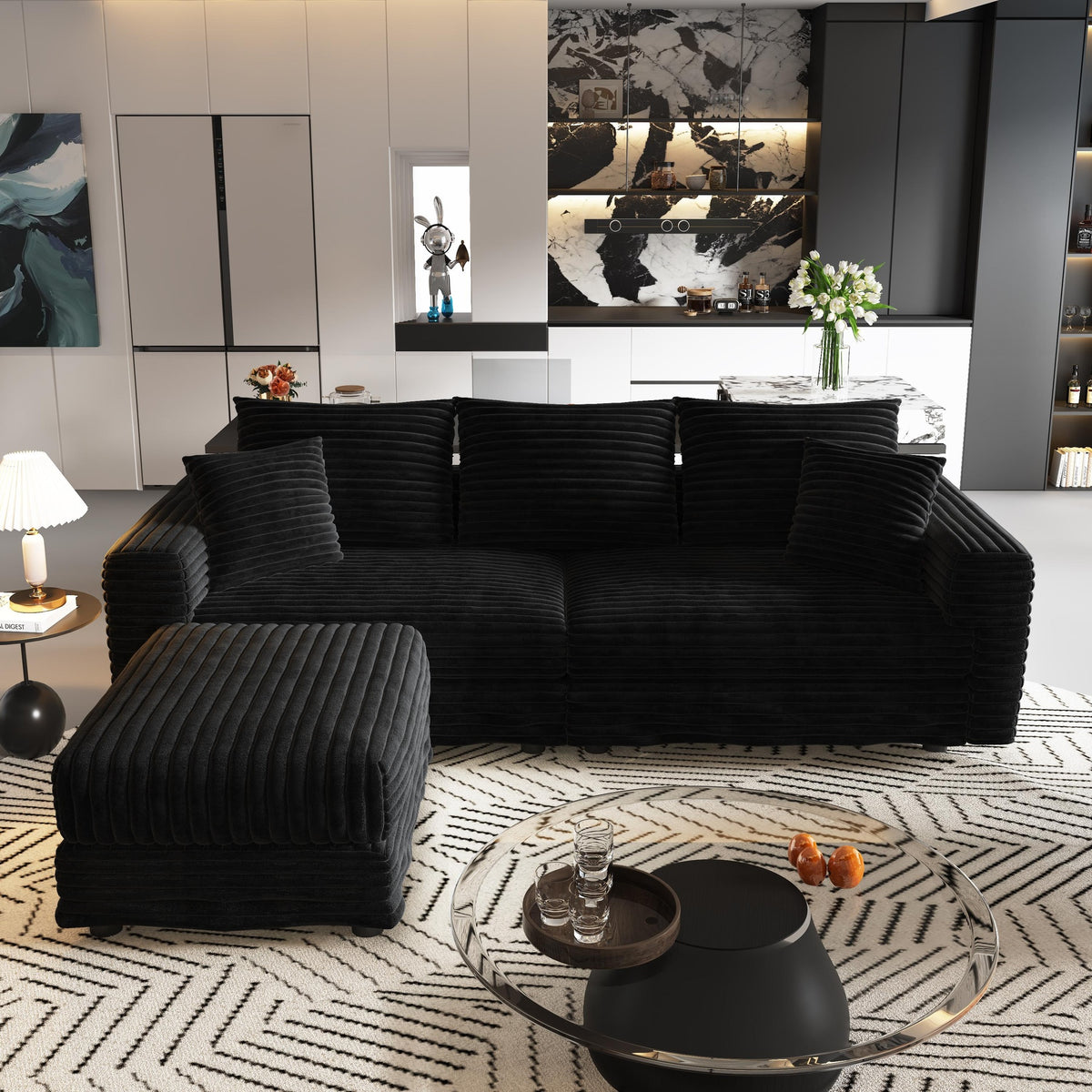 82.7 "Plush Corduroy 3-Seat Sofa,Modern Comfy Upholstered Sofa Cloud Couch,Deep Seat Couches with Soft Pillows and 1 Ottomans,Convertible Sofa Lounge Chair,Black (Old SKU:W1885S00150)