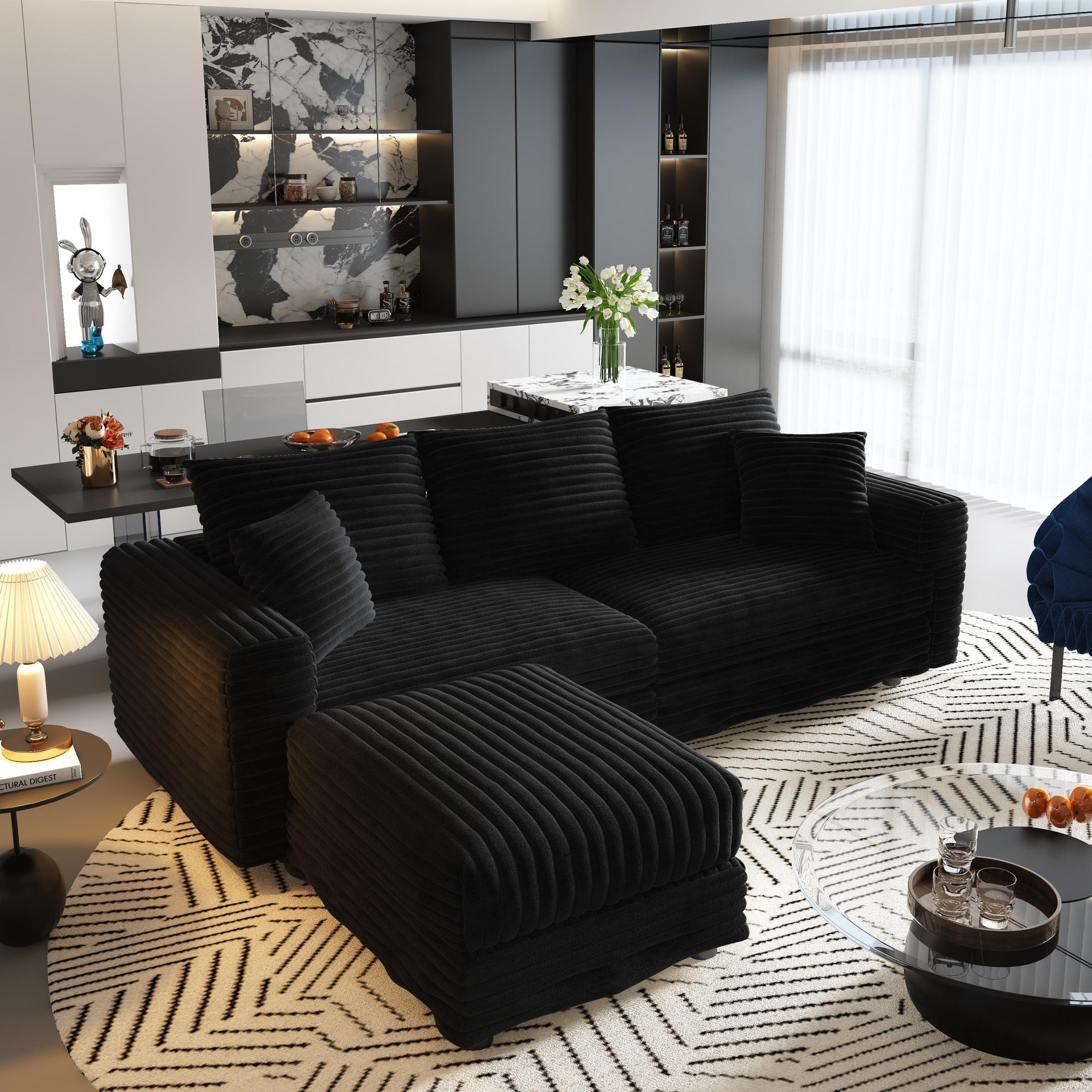 82.7 "Plush Corduroy 3-Seat Sofa,Modern Comfy Upholstered Sofa Cloud Couch,Deep Seat Couches with Soft Pillows and 1 Ottomans,Convertible Sofa Lounge Chair,Black (Old SKU:W1885S00150)