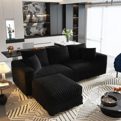 82.7 "Plush Corduroy 3-Seat Sofa,Modern Comfy Upholstered Sofa Cloud Couch,Deep Seat Couches with Soft Pillows and 1 Ottomans,Convertible Sofa Lounge Chair,Black (Old SKU:W1885S00150)