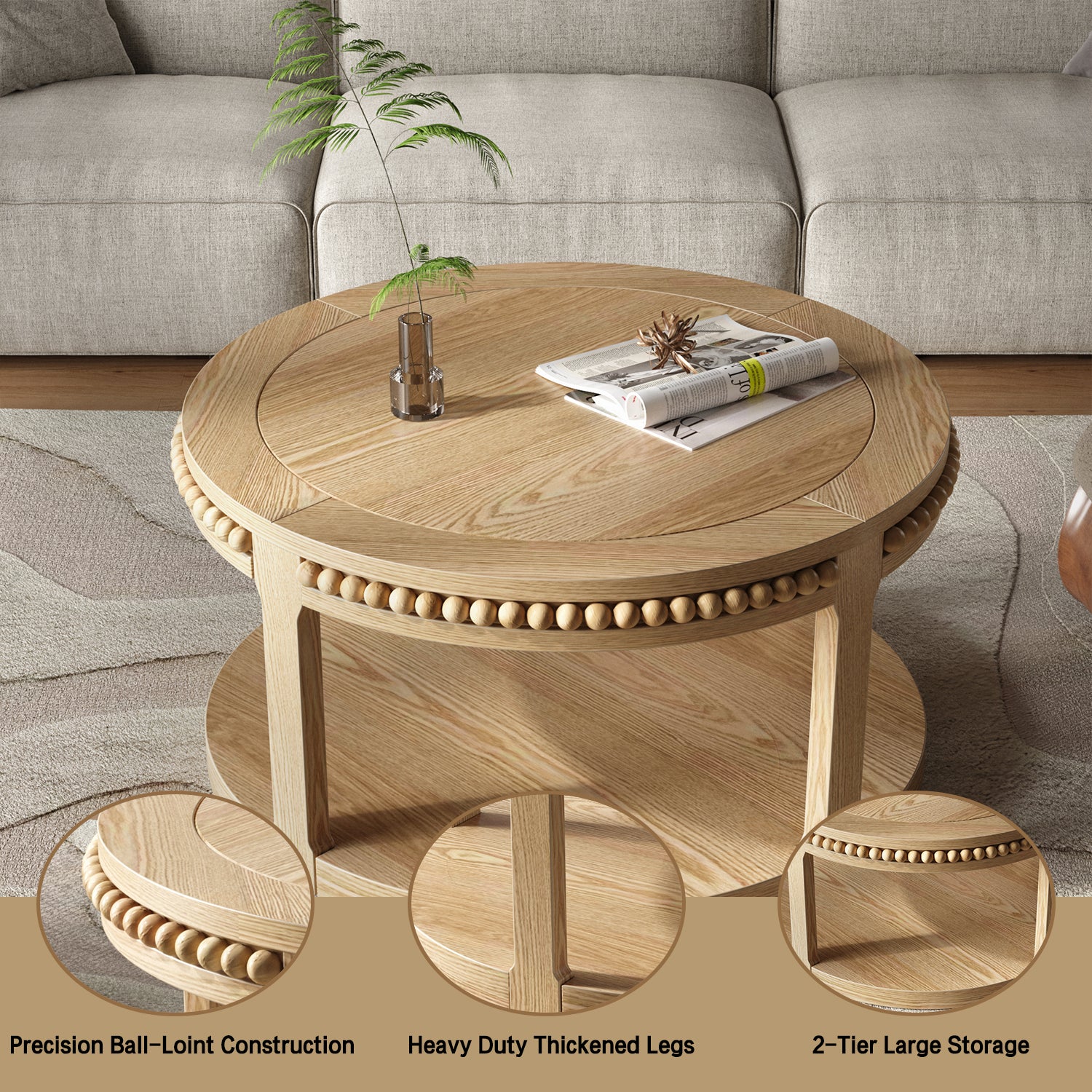 31.5 Inch Round Solid Wood Coffee Table & Sofa Table - Two-Tier Thickened Top, Sturdy Legs, Circle Table for Living Room (Natural Wood)