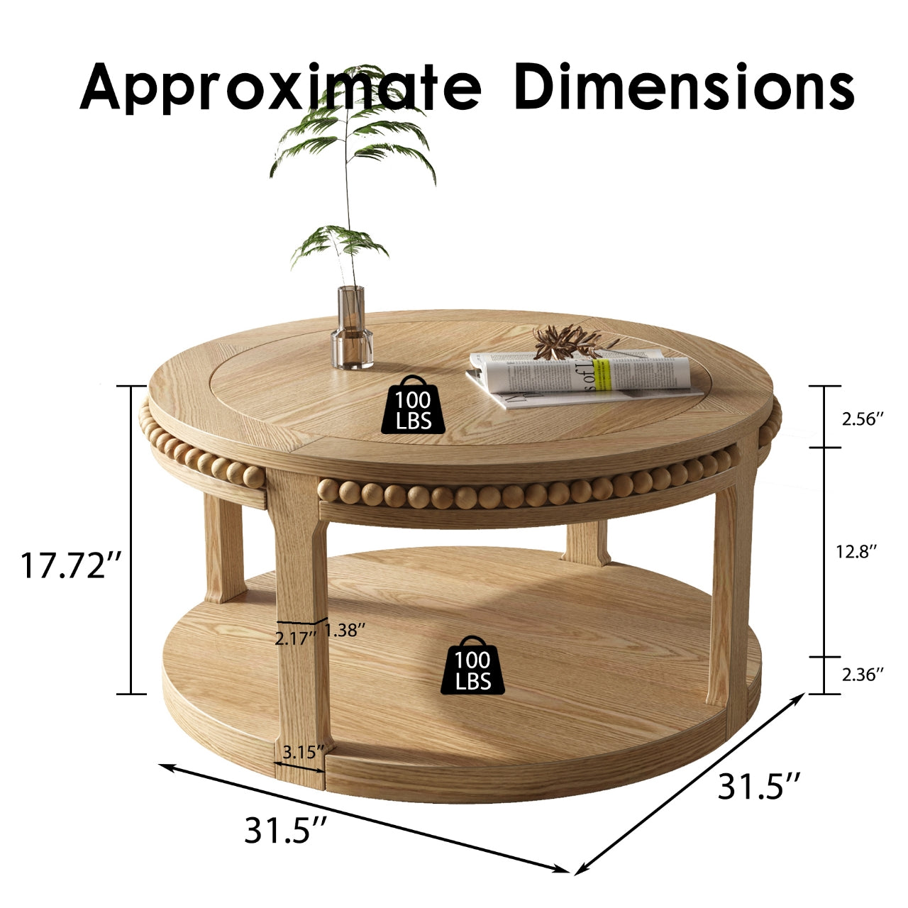 31.5 Inch Round Solid Wood Coffee Table & Sofa Table - Two-Tier Thickened Top, Sturdy Legs, Circle Table for Living Room (Natural Wood)