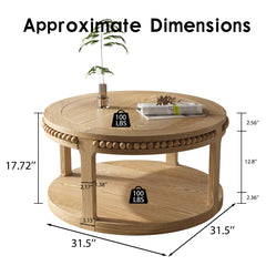 31.5 Inch Round Solid Wood Coffee Table & Sofa Table - Two-Tier Thickened Top, Sturdy Legs, Circle Table for Living Room (Natural Wood)