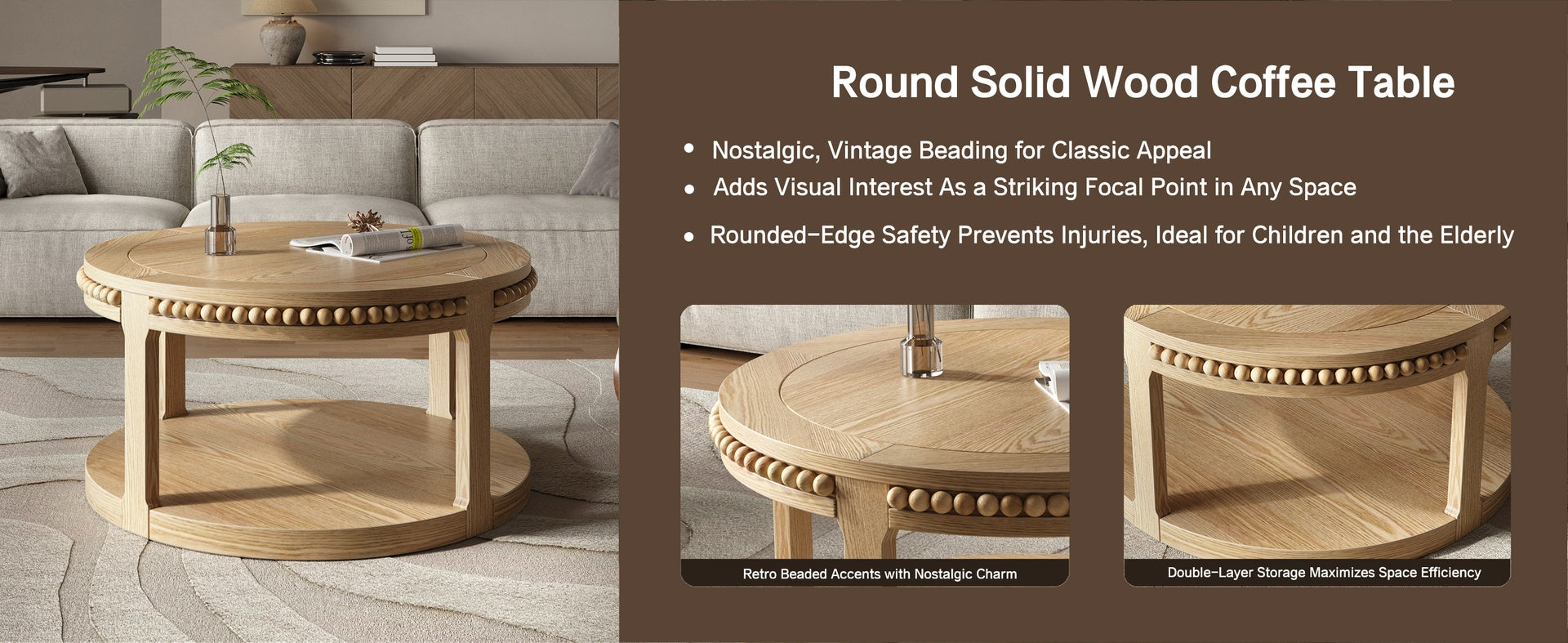 31.5 Inch Round Solid Wood Coffee Table & Sofa Table - Two-Tier Thickened Top, Sturdy Legs, Circle Table for Living Room (Natural Wood)