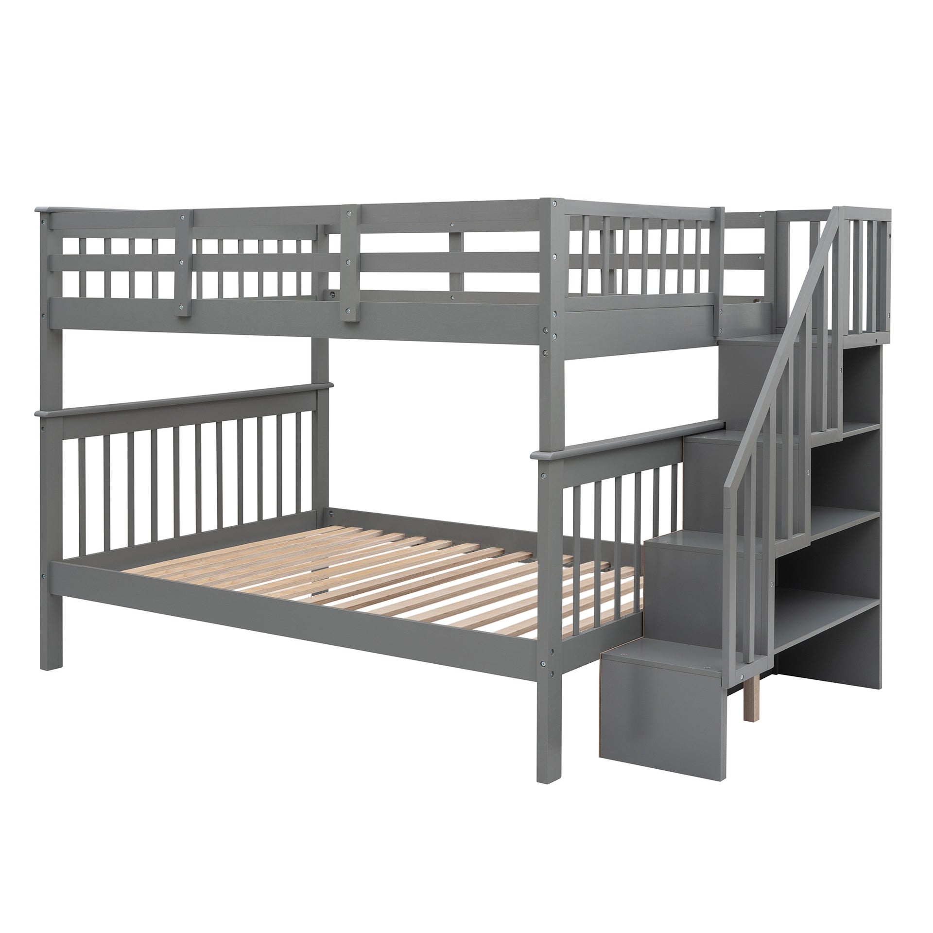 Stairway Full-Over-Full Bunk Bed with Storage and Guard Rail for Bedroom, Dorm, Gray