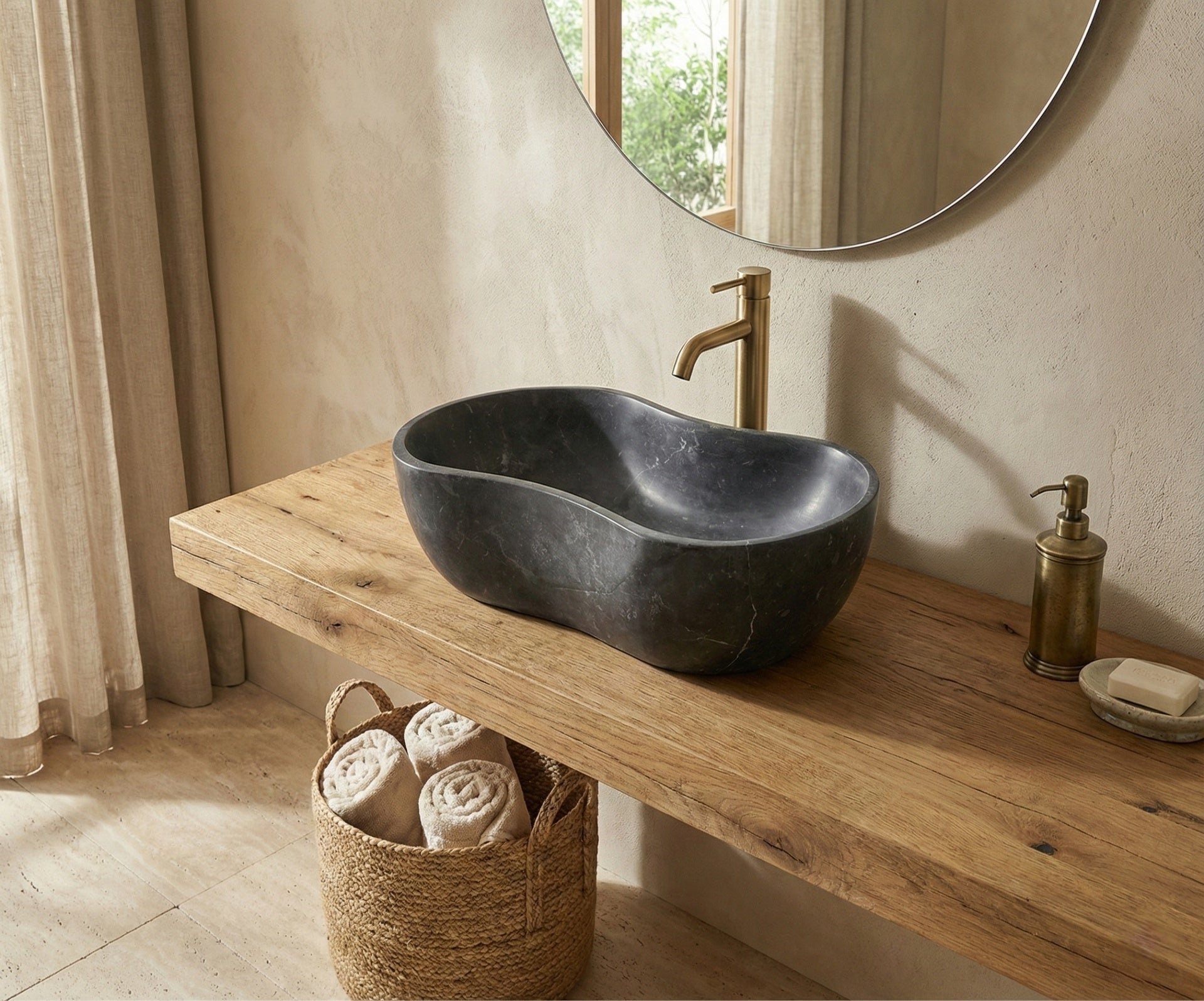 Luxury Dark Grey Natural Marble Vessel Sink, 23.6" Organic Wavy Shape Stone Basin, Solid One-Piece Carved, Matte Finish Vanity Bowl (60cm x 36cm)