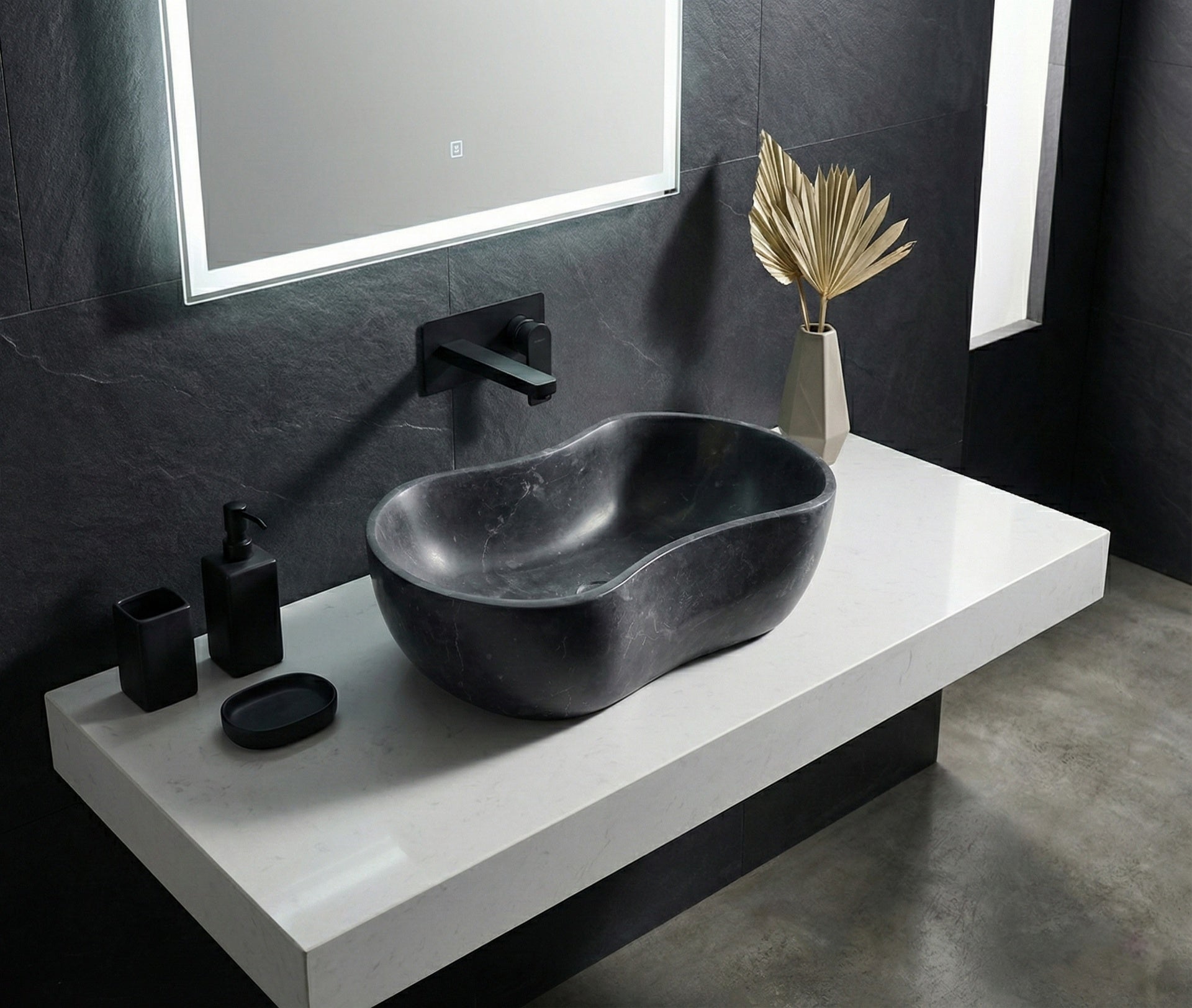 Luxury Dark Grey Natural Marble Vessel Sink, 23.6" Organic Wavy Shape Stone Basin, Solid One-Piece Carved, Matte Finish Vanity Bowl (60cm x 36cm)