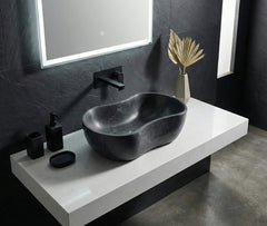 Luxury Dark Grey Natural Marble Vessel Sink, 23.6" Organic Wavy Shape Stone Basin, Solid One-Piece Carved, Matte Finish Vanity Bowl (60cm x 36cm)