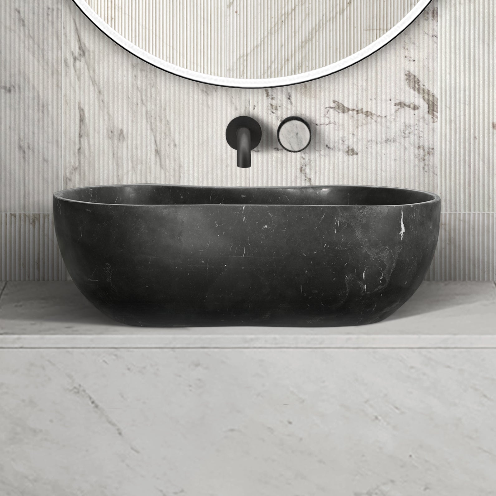 Luxury Dark Grey Natural Marble Vessel Sink, 23.6" Organic Wavy Shape Stone Basin, Solid One-Piece Carved, Matte Finish Vanity Bowl (60cm x 36cm)