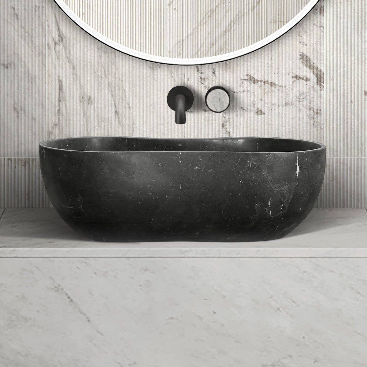 Luxury Dark Grey Natural Marble Vessel Sink, 23.6" Organic Wavy Shape Stone Basin, Solid One-Piece Carved, Matte Finish Vanity Bowl (60cm x 36cm)