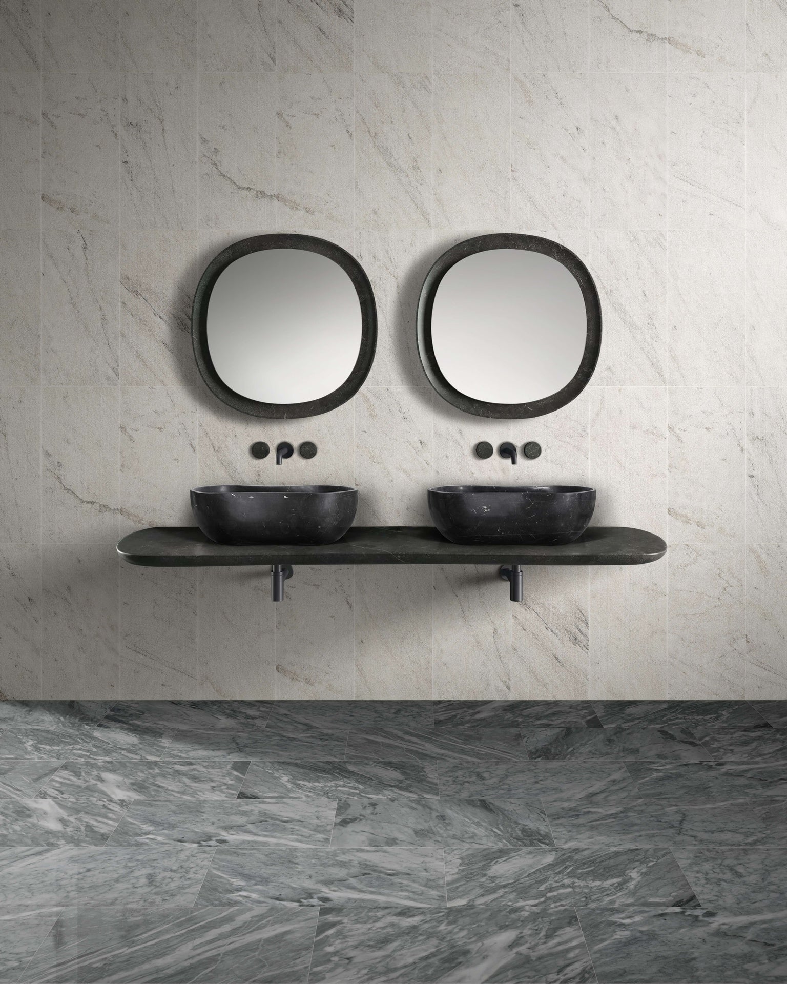 Luxury Dark Grey Natural Marble Vessel Sink, 23.6" Organic Wavy Shape Stone Basin, Solid One-Piece Carved, Matte Finish Vanity Bowl (60cm x 36cm)