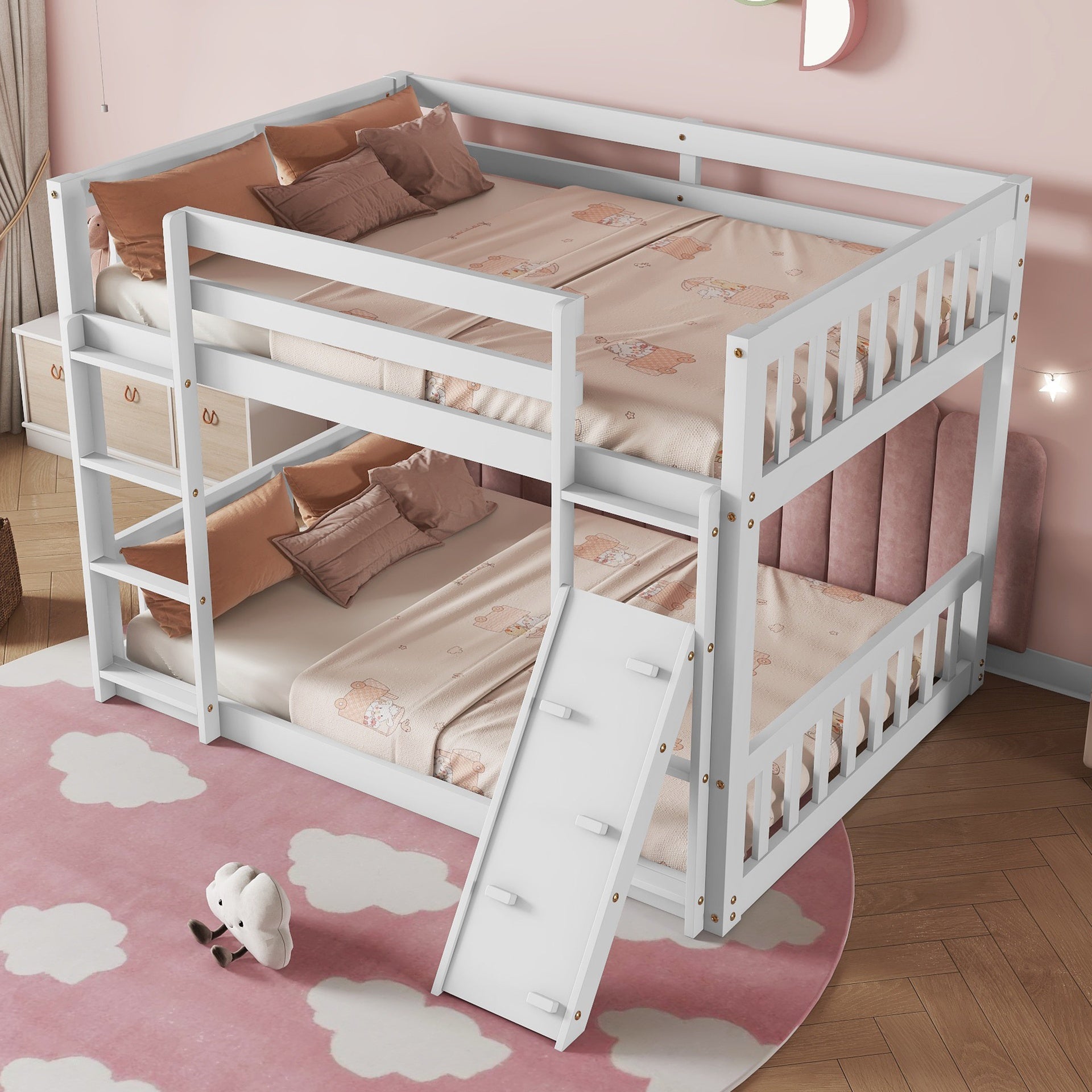 Twin Over Twin Floor Bunk Bed, Playhouse Floor Bunk Bed with Climbing Ramp, Ladder, Safety Guardrails,White