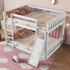 Twin Over Twin Floor Bunk Bed, Playhouse Floor Bunk Bed with Climbing Ramp, Ladder, Safety Guardrails,White
