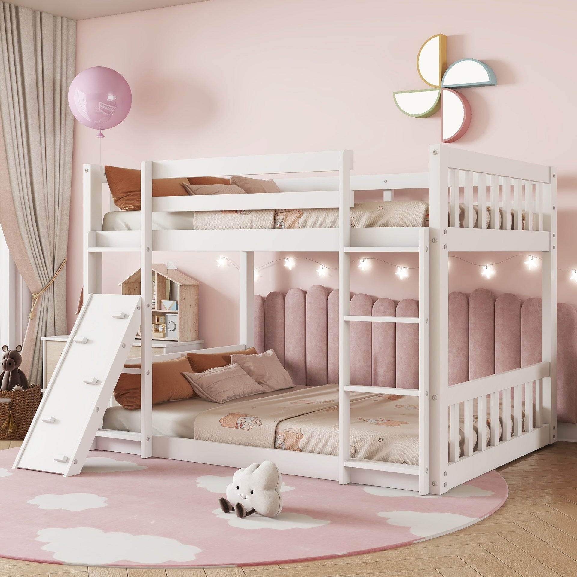 Twin Over Twin Floor Bunk Bed, Playhouse Floor Bunk Bed with Climbing Ramp, Ladder, Safety Guardrails,White