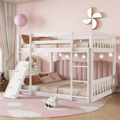 Twin Over Twin Floor Bunk Bed, Playhouse Floor Bunk Bed with Climbing Ramp, Ladder, Safety Guardrails,White