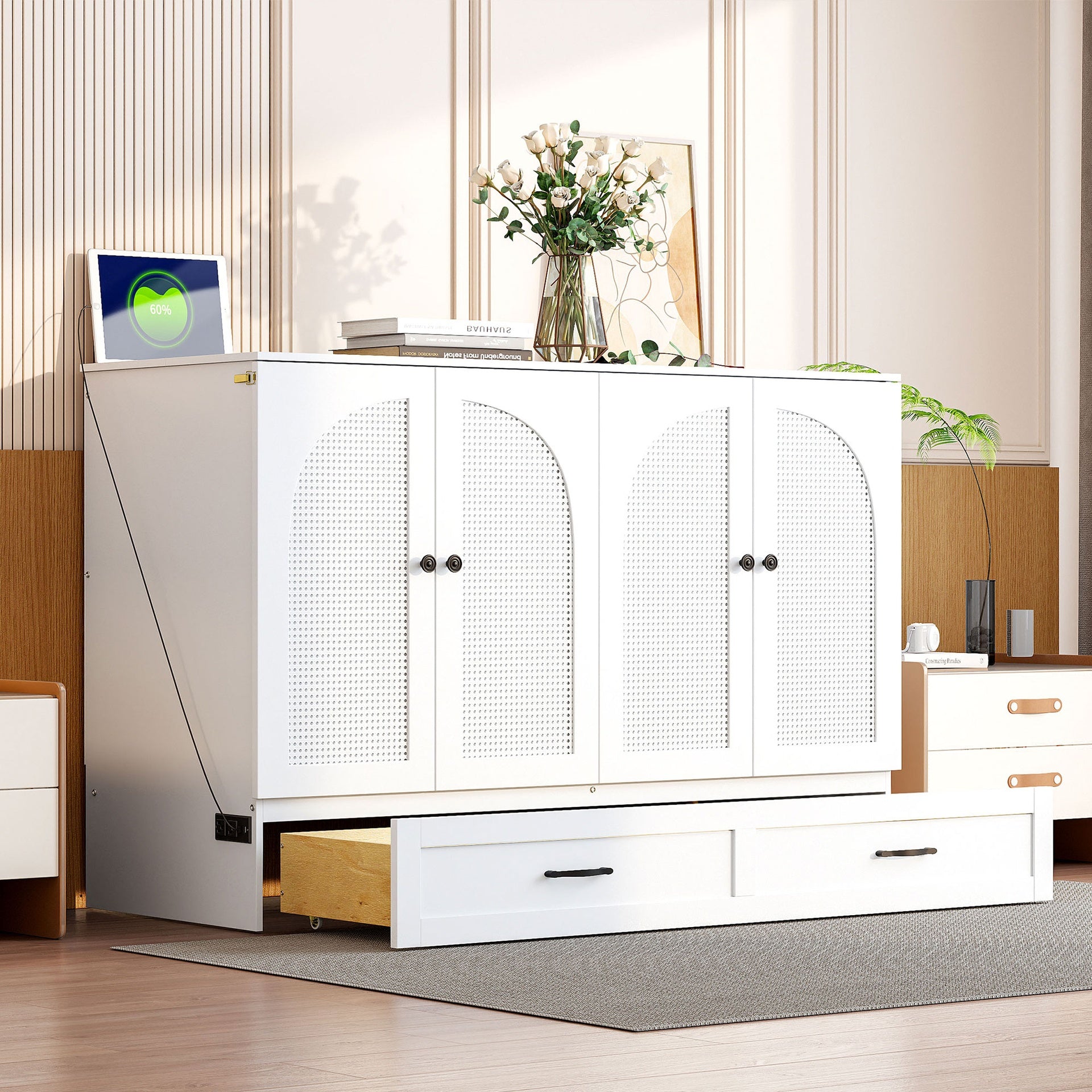 Full Size Murphy Bed with Large Drawers, White