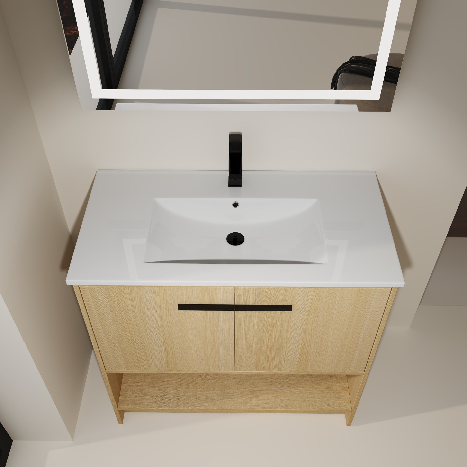 36" Bathroom Vanity with Ceramic Sink, 2 Soft Closing Doors, Freestanding Bathroom Cabinet Vanity, Plywood