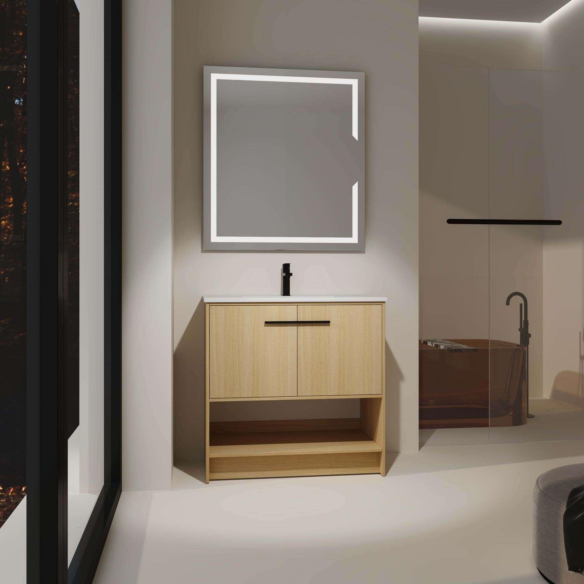 36" Bathroom Vanity with Ceramic Sink, 2 Soft Closing Doors, Freestanding Bathroom Cabinet Vanity, Plywood