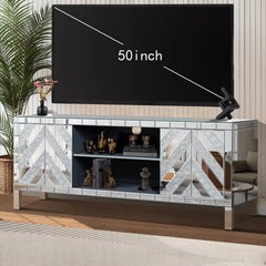 47 Inch Mirror TV Media Console with Diamond Glass Doors, Dual Door Design with Open Storage Space, Compatible with 50-Inch TVs, Modern Decor for Living Room & Bedroom