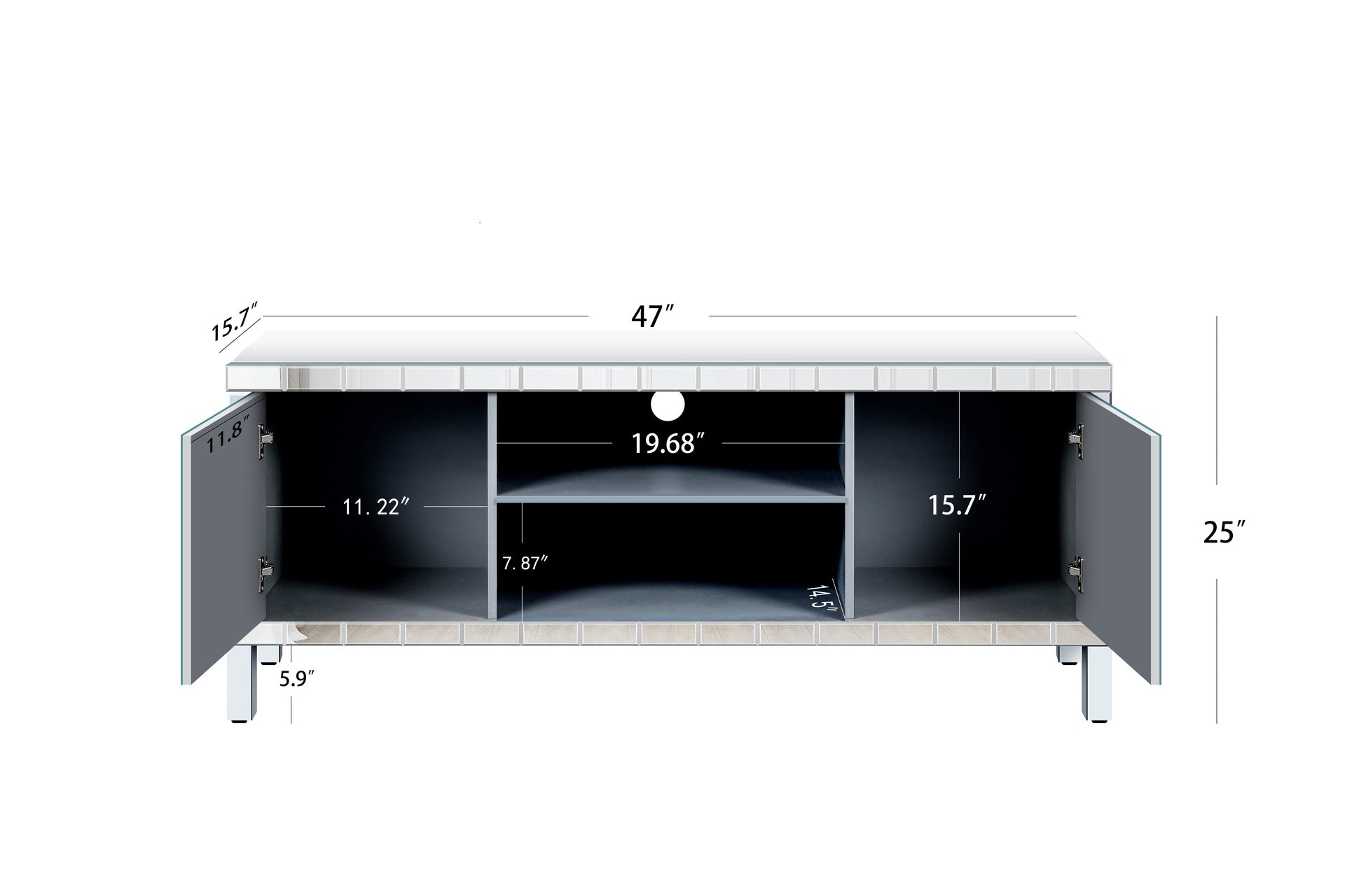 47 Inch Mirror TV Media Console with Diamond Glass Doors, Dual Door Design with Open Storage Space, Compatible with 50-Inch TVs, Modern Decor for Living Room & Bedroom