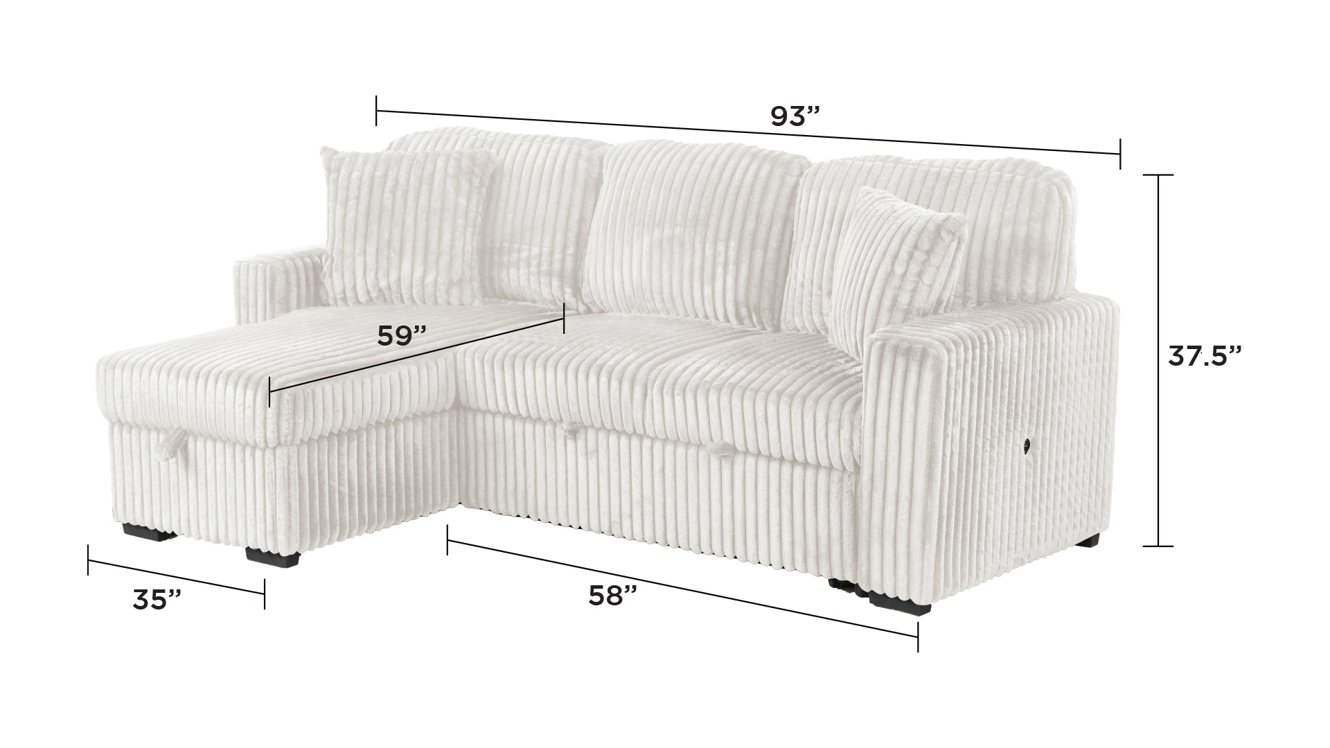 Plush Sectional Sofa W/ Pull Out Sleeper made with Velvet fabric- Cream (CA Warehouse inventory)