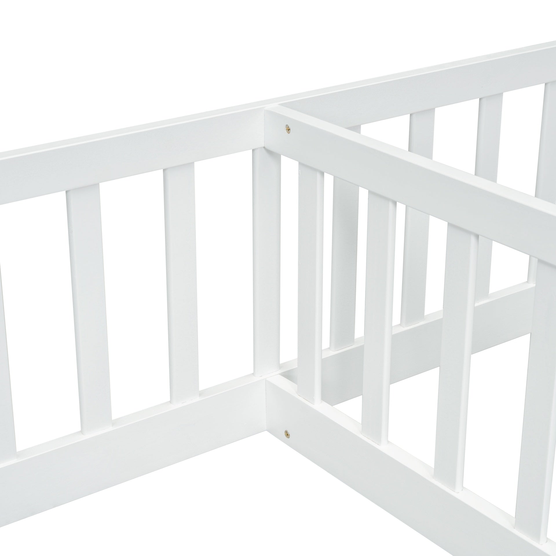 Double Twin Floor Bed with Fence, Guardrails, without door, White