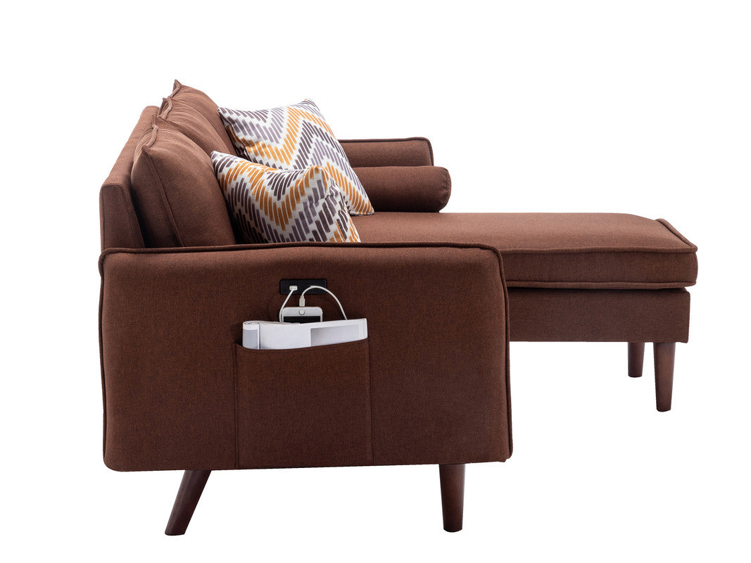 Mirella 70"W Brown Sectional Sofa Chaise with USB Charger & Pillows