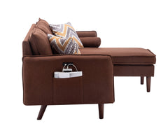 Mirella 70"W Brown Sectional Sofa Chaise with USB Charger & Pillows
