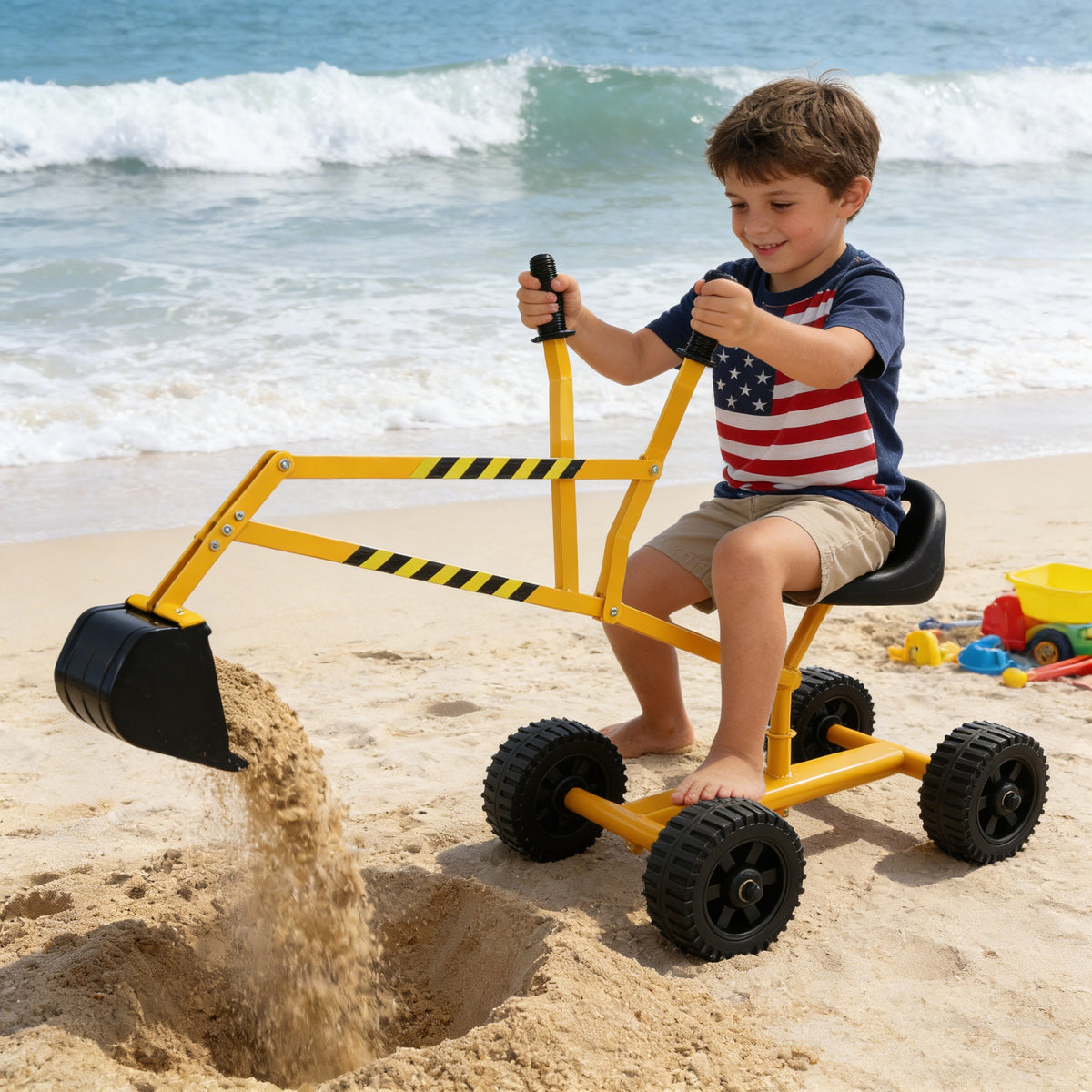 Toy excavator riding, sand dredger, yellow