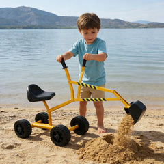 Toy excavator riding, sand dredger, yellow