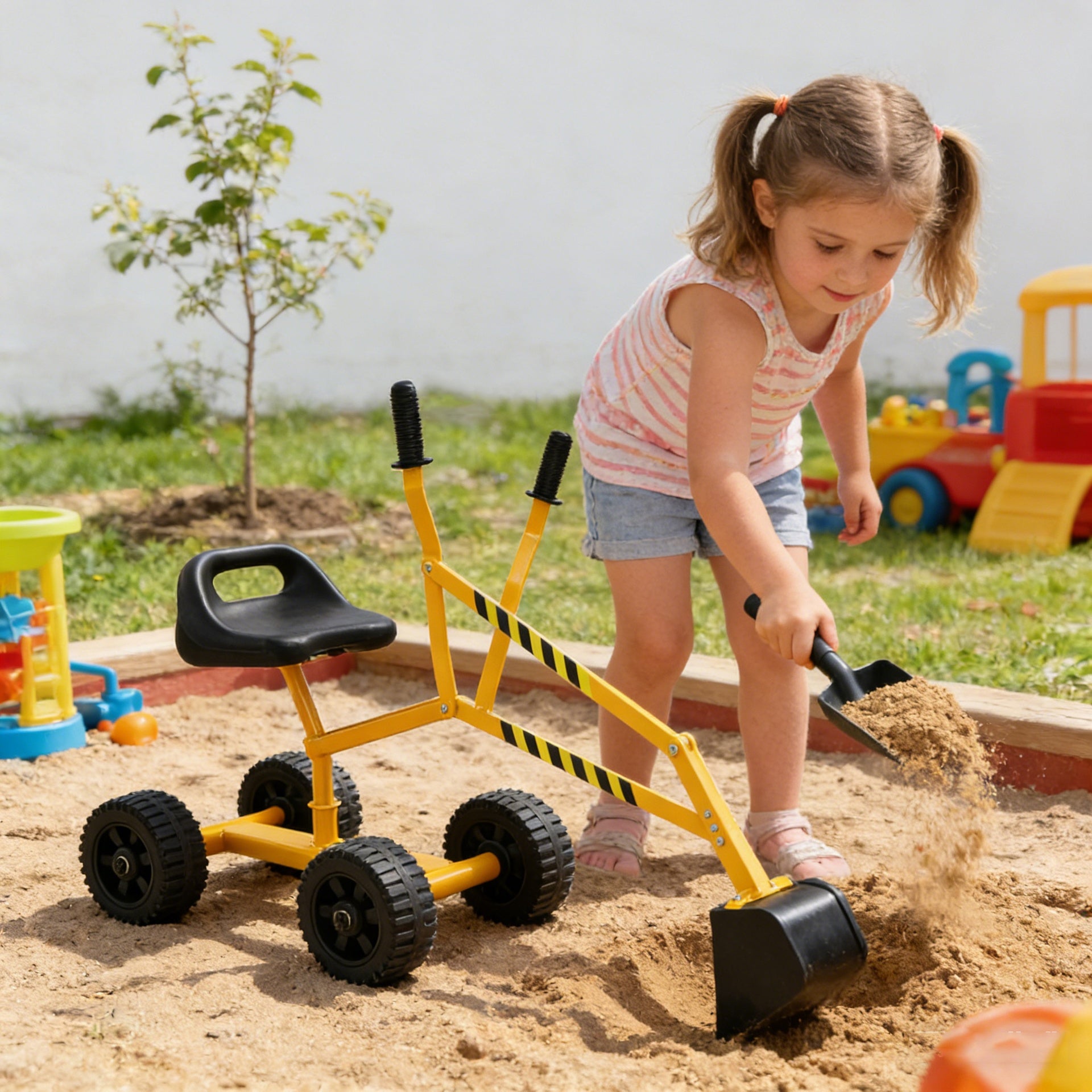 Toy excavator riding, sand dredger, yellow
