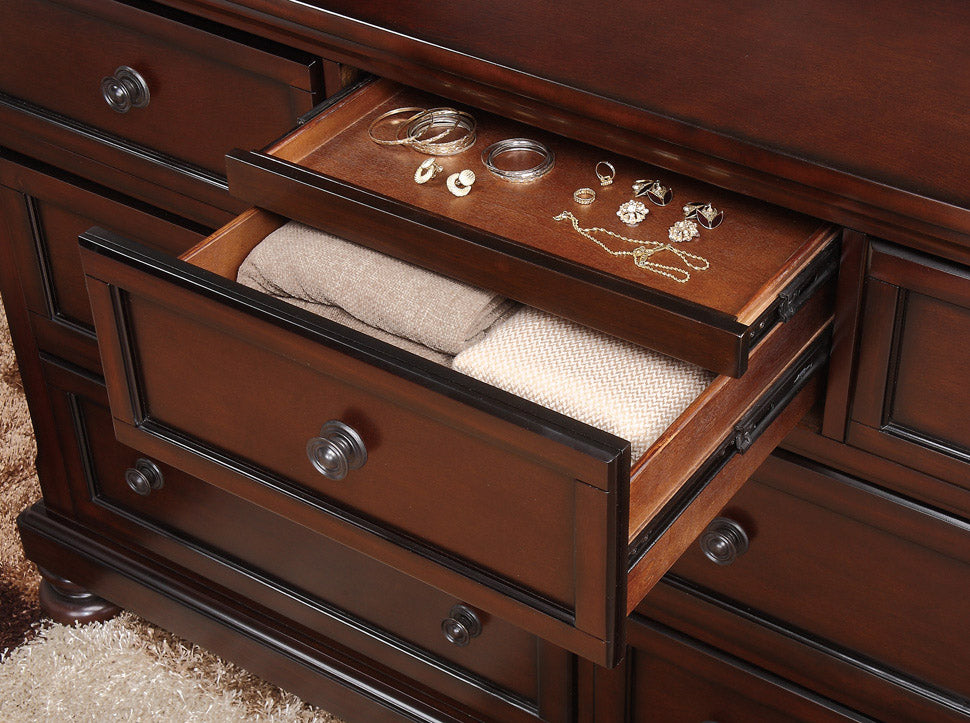 Classic Transitional Dresser of 7 Drawers Brown Cherry Finish Birch Veneer Hidden Drawer Bun Feet Bedroom Traditional Furniture