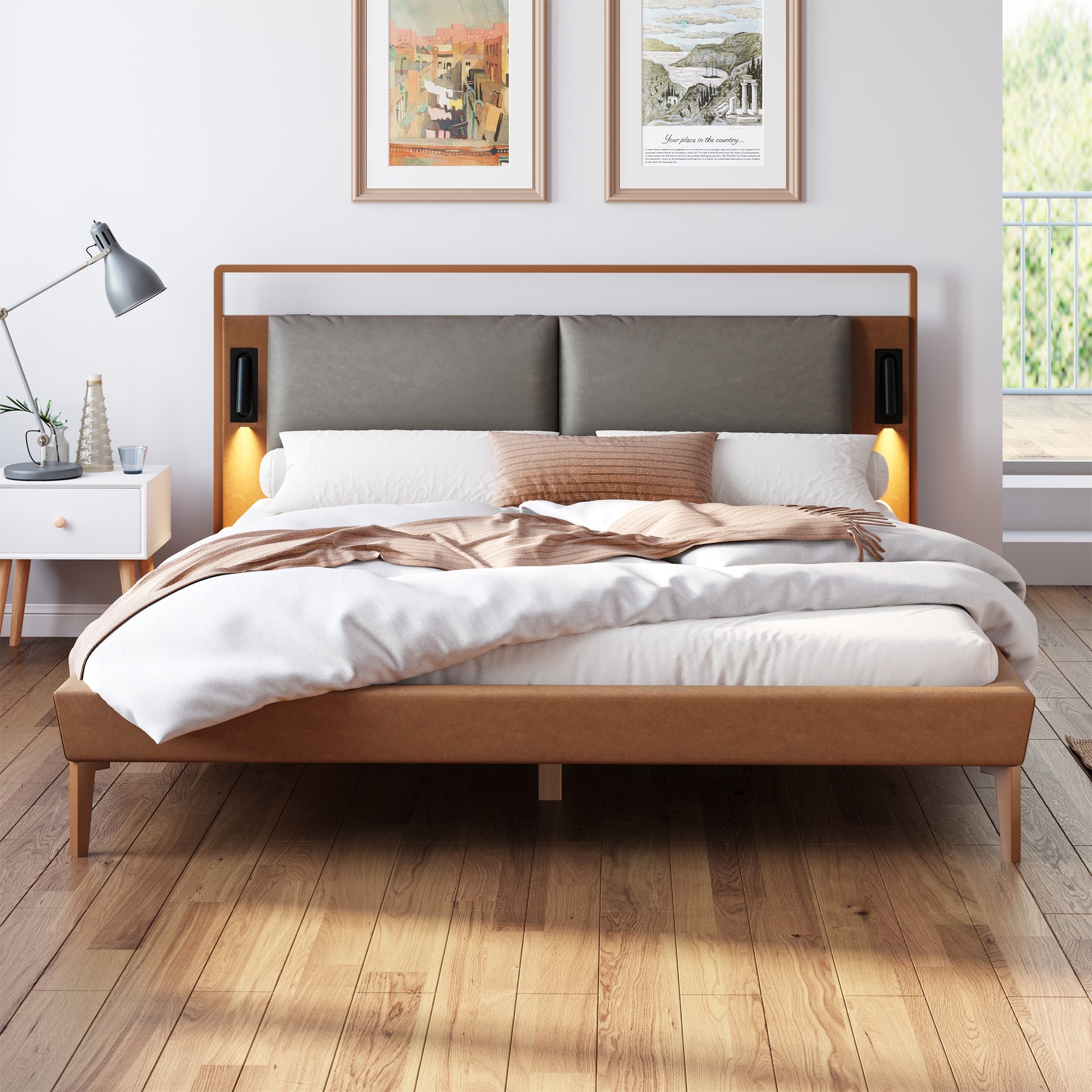 Brown&Gray Leather Full Size Bed with 2pcs Night Lights