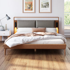 Brown&Gray Leather Full Size Bed with 2pcs Night Lights