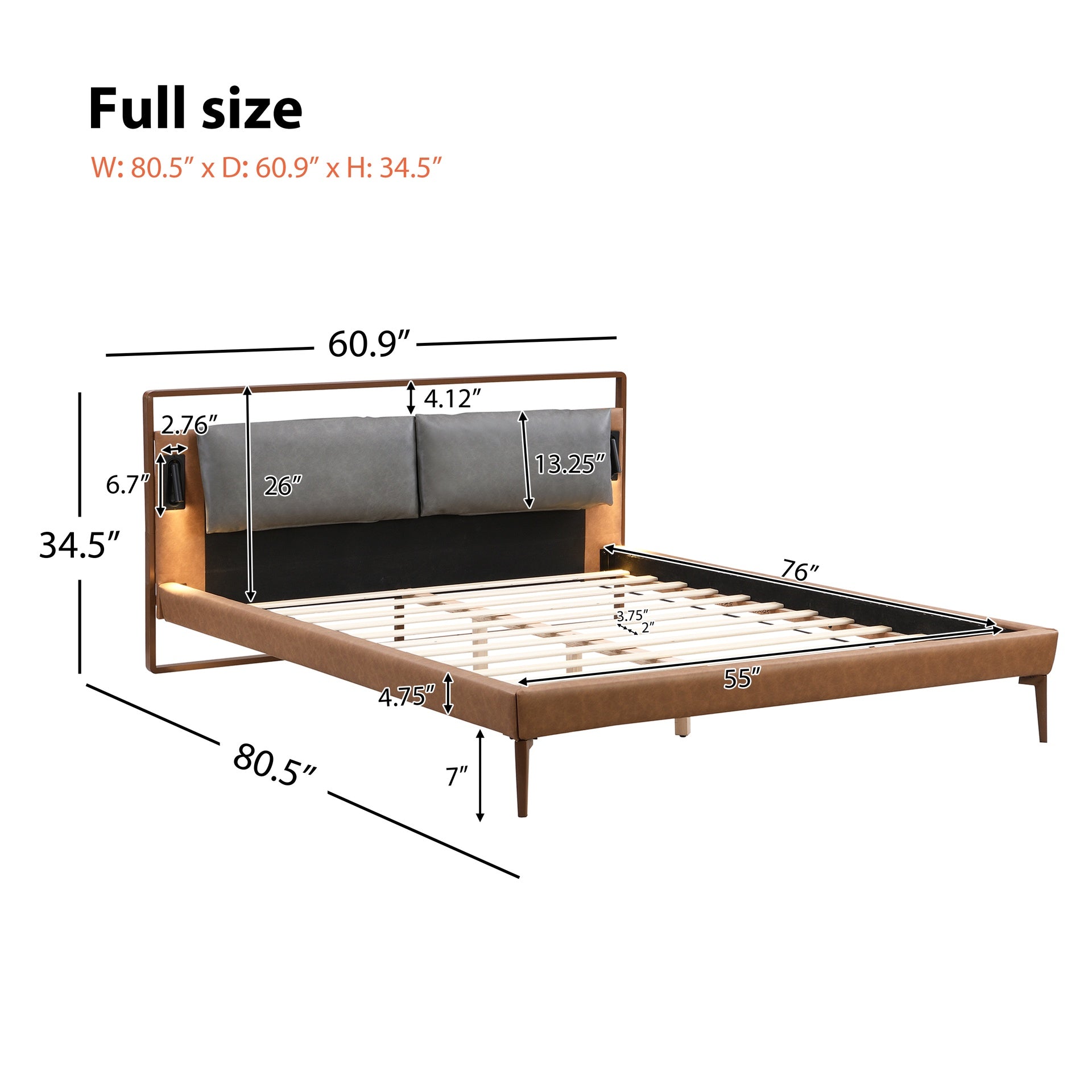 Brown&Gray Leather Full Size Bed with 2pcs Night Lights