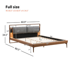 Brown&Gray Leather Full Size Bed with 2pcs Night Lights