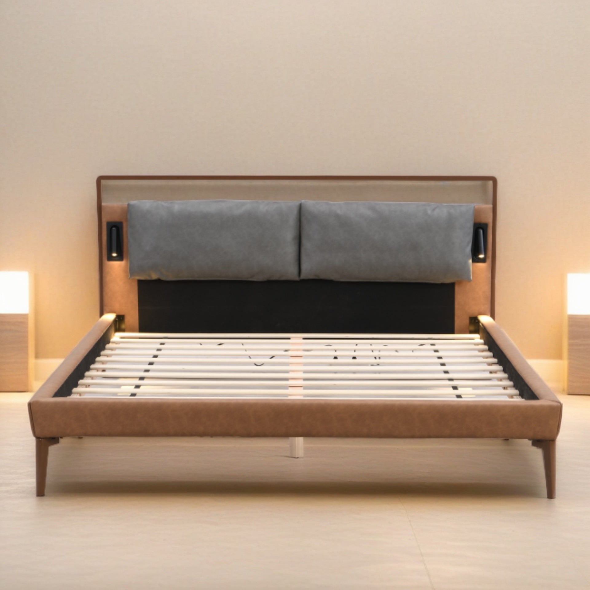 Brown&Gray Leather Full Size Bed with 2pcs Night Lights