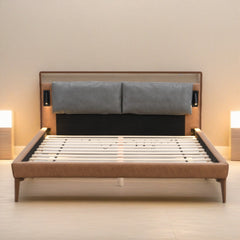 Brown&Gray Leather Full Size Bed with 2pcs Night Lights