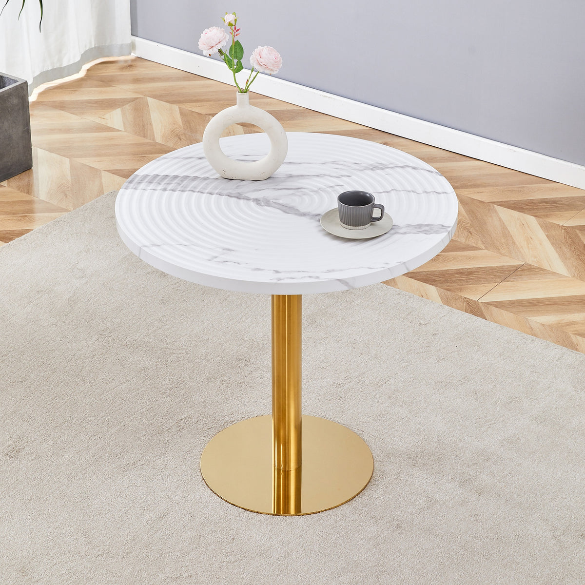 31.5 Inch Elegant White Marble Pattern Round Dining Table - Suction Molding Annular Texture, Durable and Water-Resistant.Suction Molding Process,Exquisite White Marble Pattern,Gold Metal Stand.