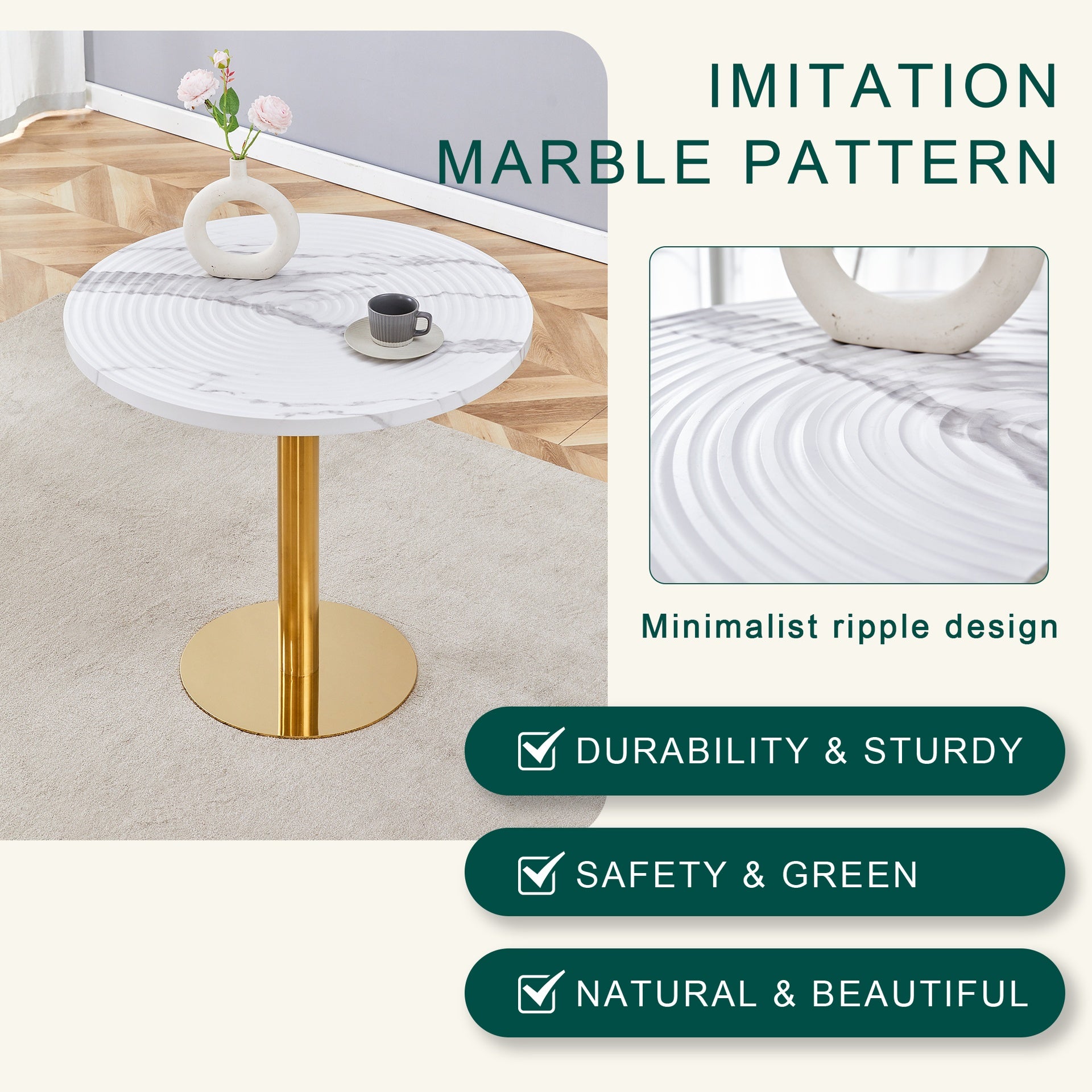 31.5 Inch Elegant White Marble Pattern Round Dining Table - Suction Molding Annular Texture, Durable and Water-Resistant.Suction Molding Process,Exquisite White Marble Pattern,Gold Metal Stand.