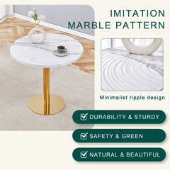 31.5 Inch Elegant White Marble Pattern Round Dining Table - Suction Molding Annular Texture, Durable and Water-Resistant.Suction Molding Process,Exquisite White Marble Pattern,Gold Metal Stand.