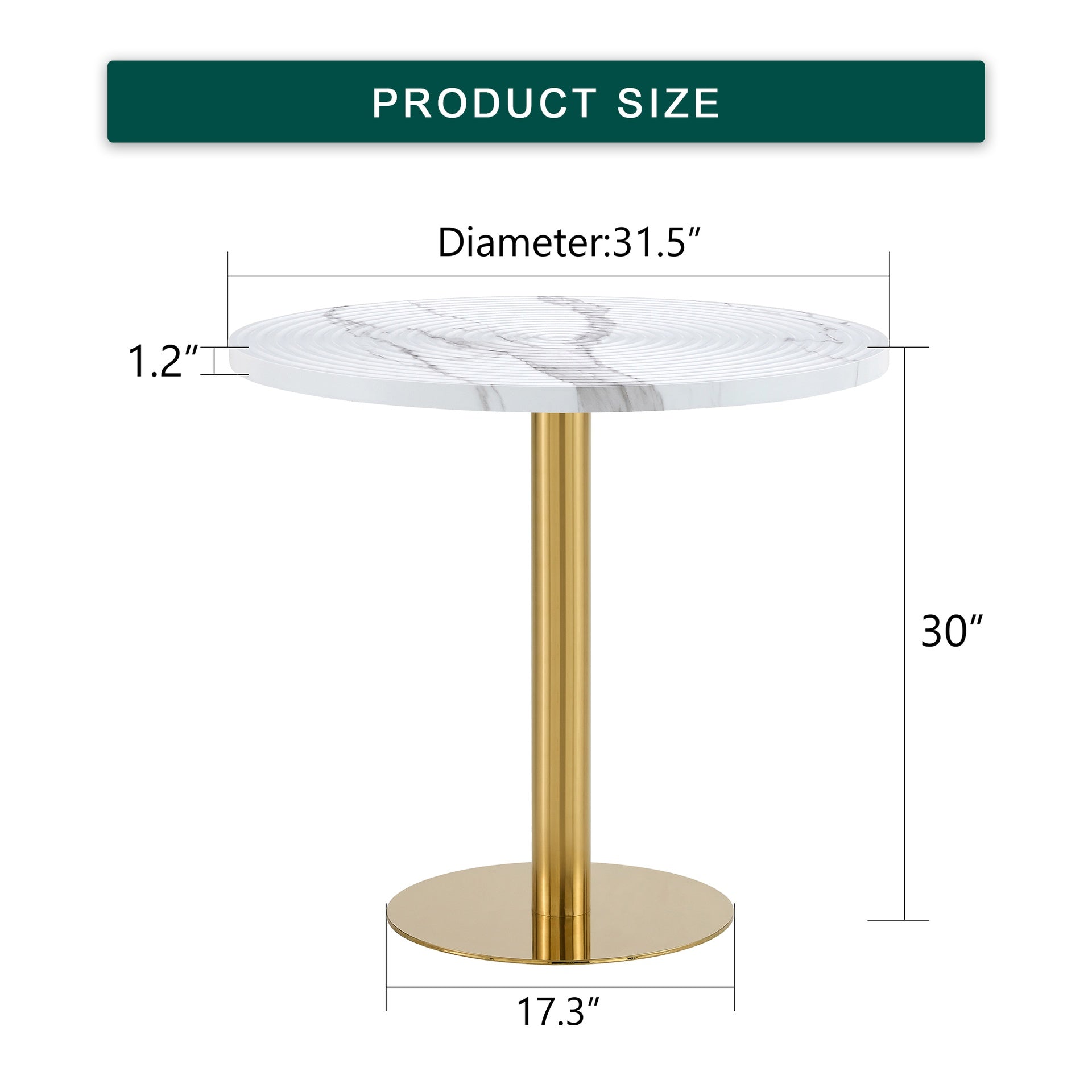 31.5 Inch Elegant White Marble Pattern Round Dining Table - Suction Molding Annular Texture, Durable and Water-Resistant.Suction Molding Process,Exquisite White Marble Pattern,Gold Metal Stand.