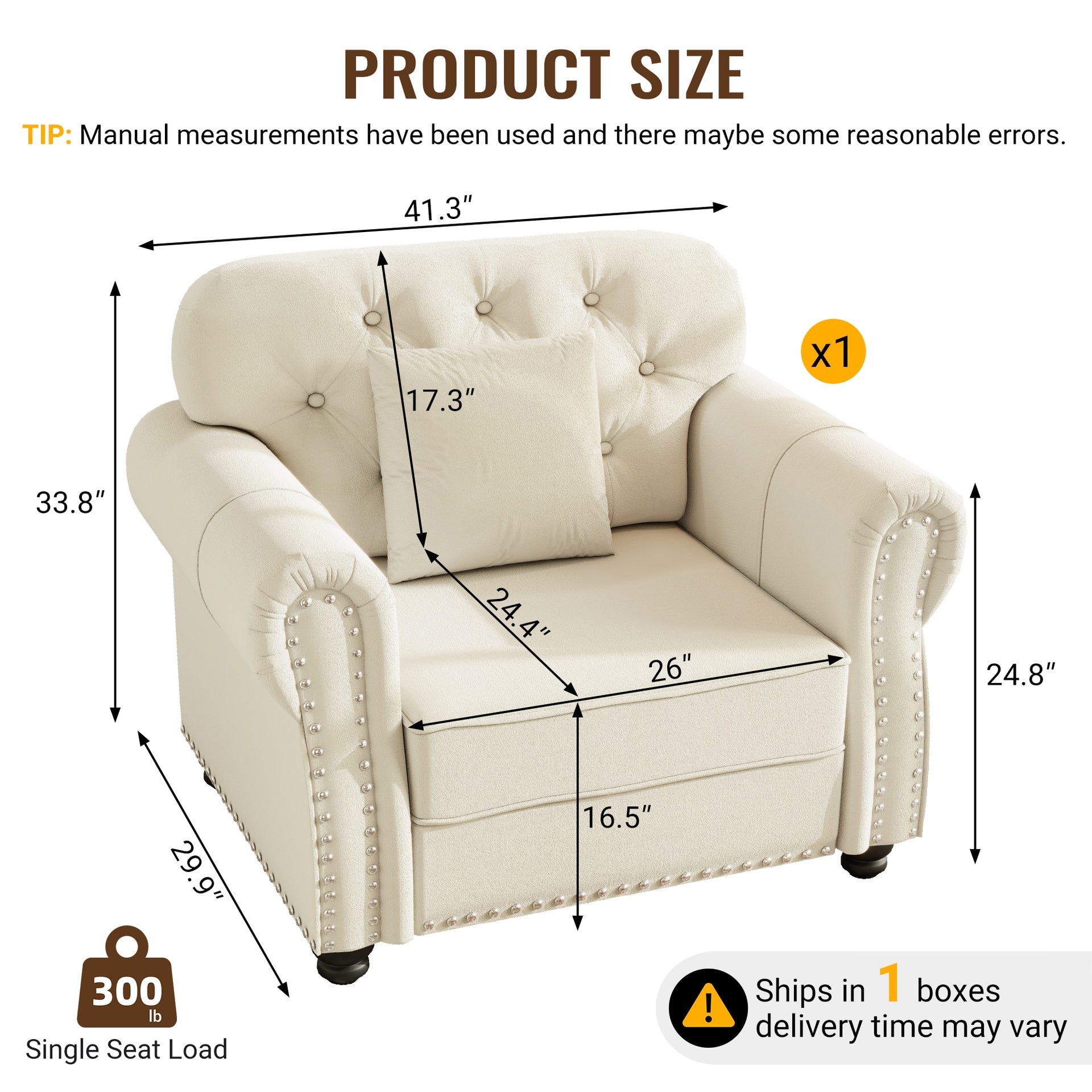 41.3"Upholstered Velvet Sofa with Nailhead Trim and Rolled Armrests,Mid-Century Modern Chesterfield Sofa with Button  Tufted,Includes 1 Pillows,Beige/White